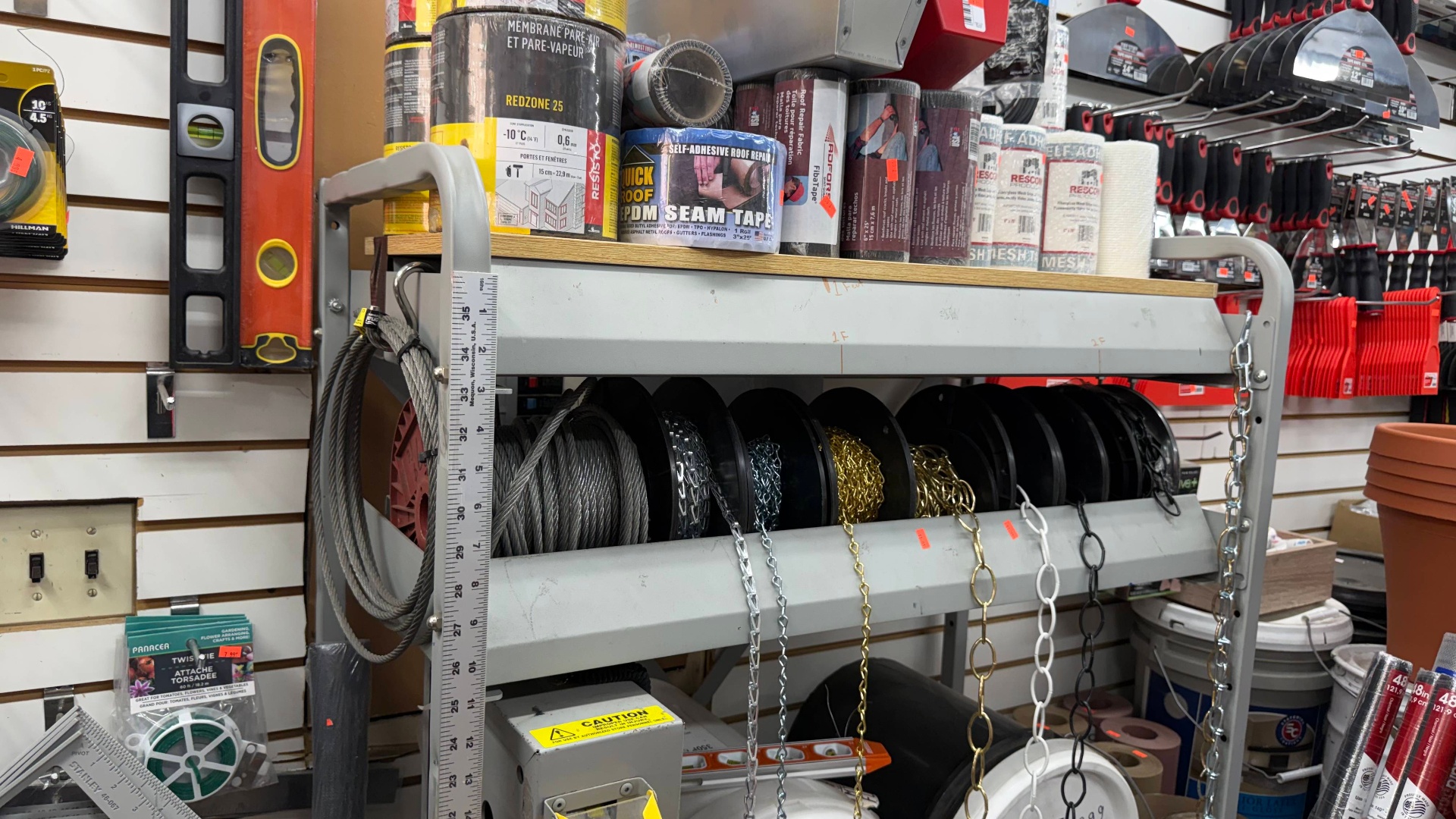 Roof repair supplies, steel cable, and chain by the foot